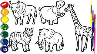 How to Draw Wild Animals for Kids | Buffalo, Hippo, Leopard , Elephant & Giraffe 🐘🖍️