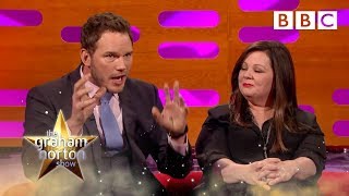 Melissa McCarthy and Chris Pratt's head shots - The Graham Norton Show - Episode 8 - BBC One