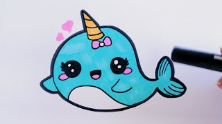 Learn To Draw And Color a Cute Narwhal Step by Step