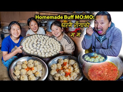 Homemade Buff MO: MO: Cooking & eating with my family || Buff momo recipe || New Nepali Village vlog