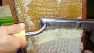beekeeper uncapping FRESH HONEY frame wax cappings with hot knife closeup
