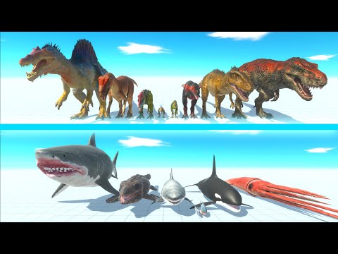 NEW CARNIVORE DINOSAURS Team vs NEW AQUATICS Team - Animal Revolt Battle Simulator ARBS