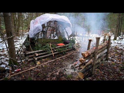 Solo Winter Bushcraft Camp-Minimal Gear Supershelter Build in a Snowy Forest