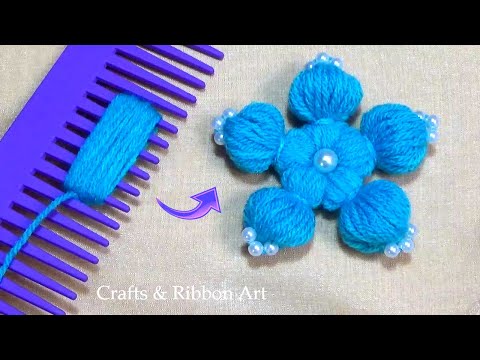 Super Easy Woolen Flower Ideas with Hair Comb - Hand Embroidery Easy Trick -  Woolen Flower Making