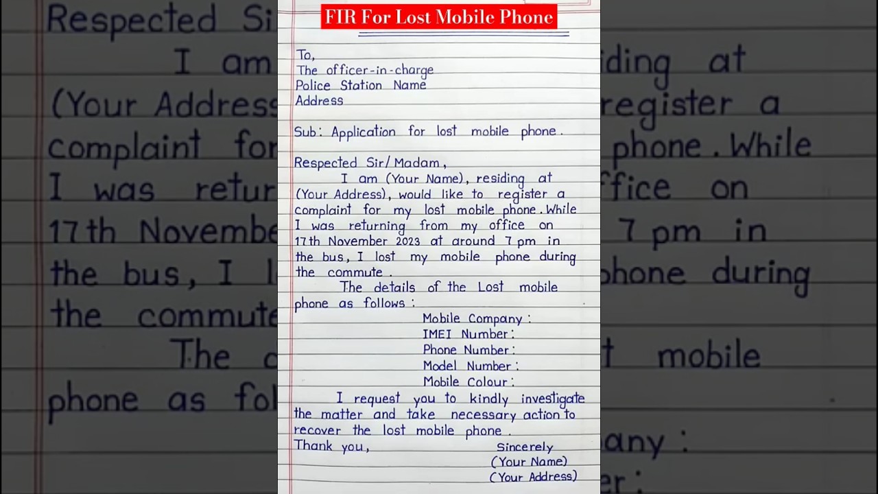 Write a complaint letter to police for lost mobile phone