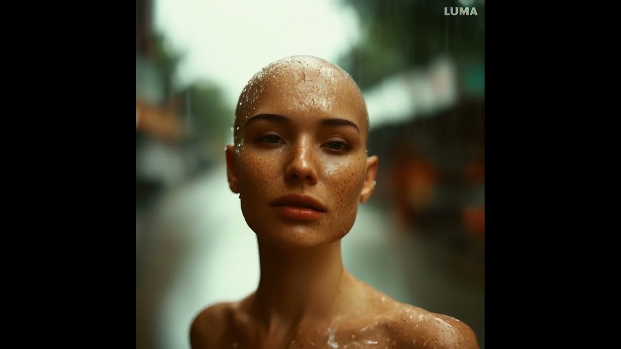 Beautiful sweaty bald young woman under rain storm (Stable Diffusion 3 + Dream Machine)