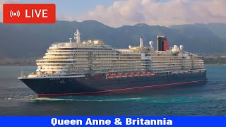 SHIPS TV -  Cunard Queen Anne and P&O Britannia Cruise Ships Derparting Port of Southampton (LIVE)