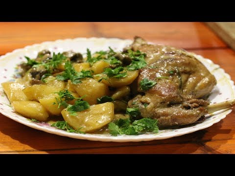 Кролик тушеный в сливках в казане. Stewed rabbit.