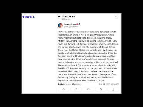 Video Thumbnail: Trump says US-China ties 'extremely good' after Xi phone call (Truth Social) | AFP