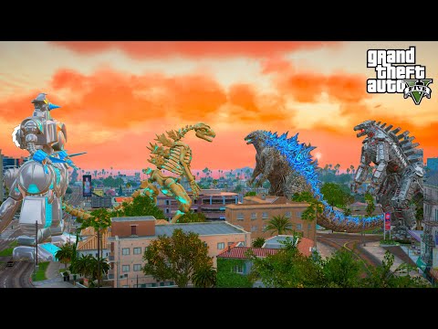 Godzilla and Mechagodzilla vs Skeleton Godzilla and Mogera - GTA 5 Mods
