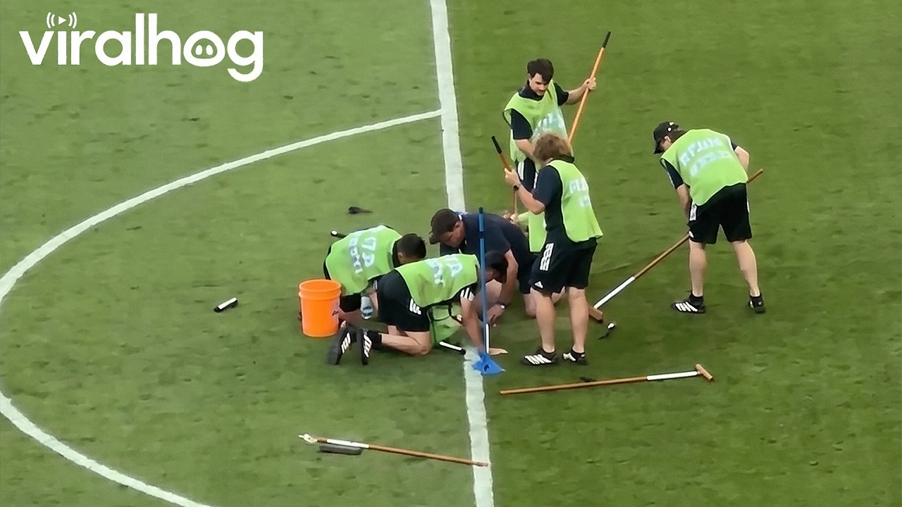 Groundskeepers Repair Field after Sprinkler Malfunction at World Cup Game || ViralHog