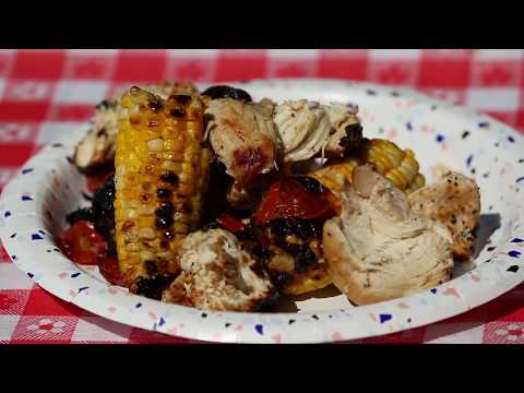 Chicken, corn and tomato foil packs