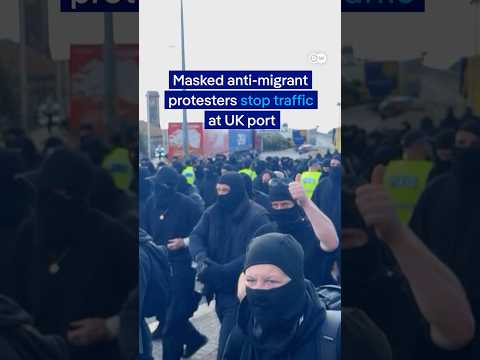 A group of masked people stops traffic at UK port | DW News