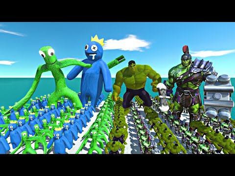 Rainbow Friends Green + Blue vs Hulk + Hulk Warrior - Animal Revolt Battle Simulator