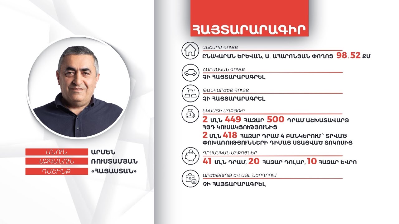 Արմեն Ռուստամյանի գույքի և եկամուտների հայտարարագիրը