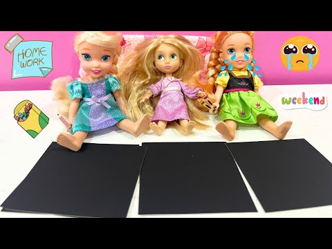 Weekend Homework! Elsa and Anna toddlers with Rapunzel at a Sleepover - Rainbow Fun Project