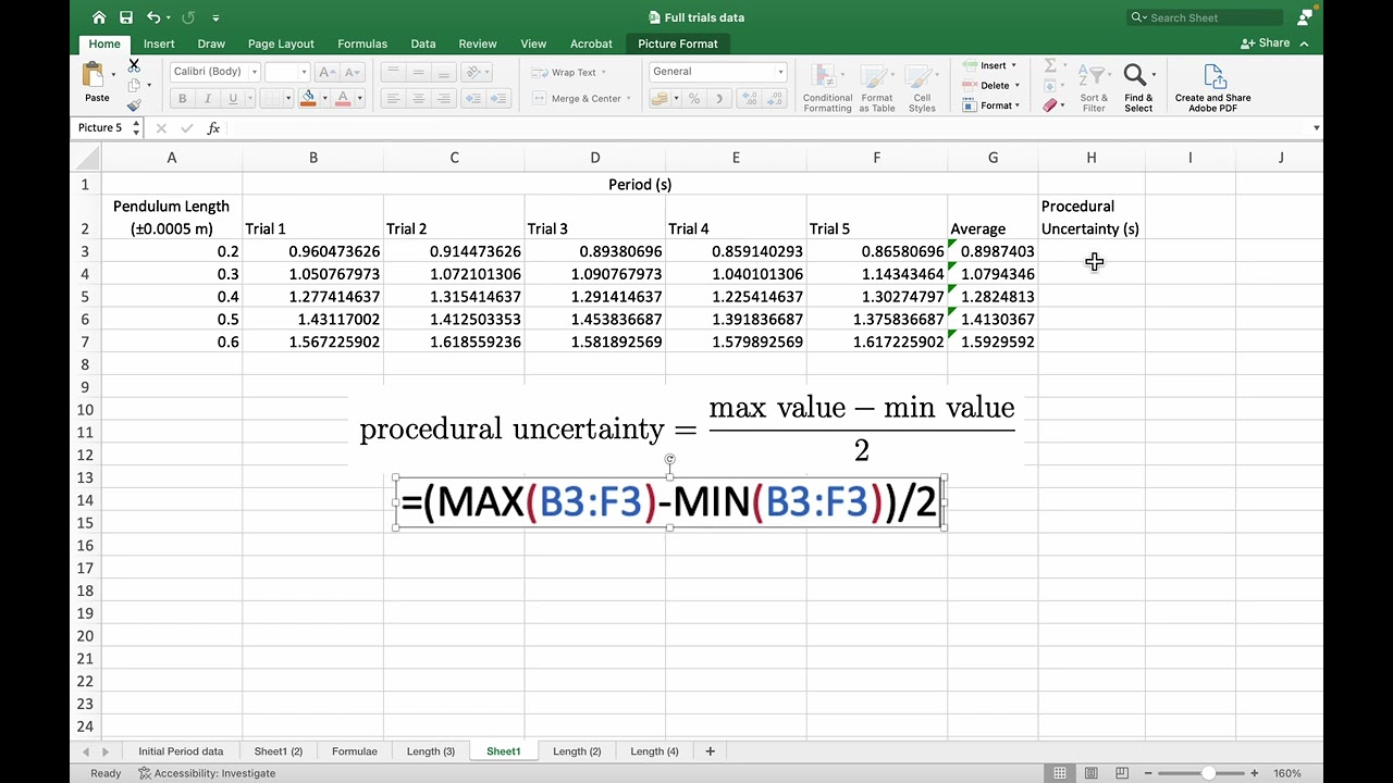 IB Physics IA - Formatting a Table in Excel