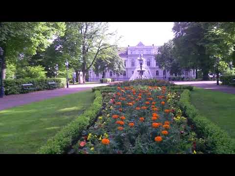 Rådhusparken State Park in Jönköping, Sweden. Beautiful Water Fountain Facing Beautiful Flowers
