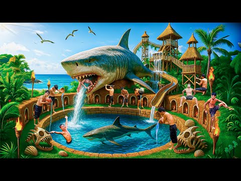 90 Days Building a Massive Shark Water Park with Slides Using Primitive Tools on a Deserted Island
