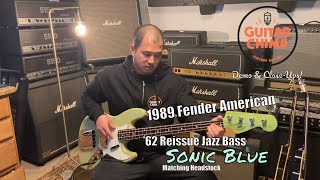 Video thumbnail for 1989 American Vintage ’62 Reissue Jazz Bass Sonic Blue with Matching Headstock by Guitar Chimp
