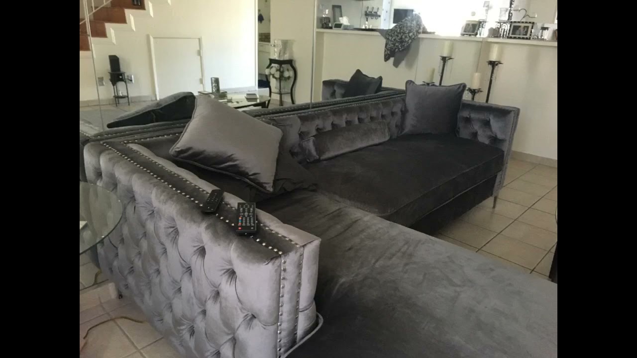 Iconic Home Da Vinci Right Hand Facin Sectional Sofa L Shape Chaise Velvet Button Tufted with Silver
