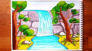 How to Draw A Waterfall Stream Scenery for Beginners| Step By Step