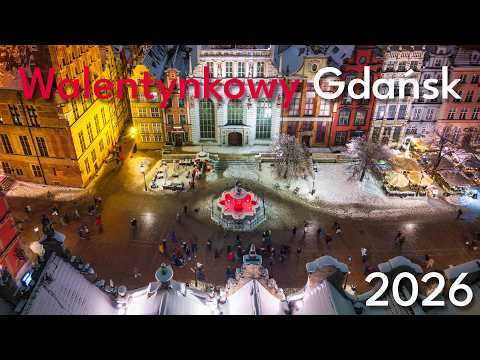 Valentine's Day Gdańsk at Night 14/02/2026 ❤️ Neptune's Red Fountain and Frozen Motława River fro...