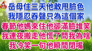 岳母住三天他敢甩臉色，我隱忍吞聲只為這個家，春節他媽來住他卻滿臉堆笑，我連夜搬走他慌了問我為啥，我冷笑一句他瞬間閉嘴！#人生故事 #情感故事 #深夜淺談 #伦理故事 #婆媳故事 #人生哲學