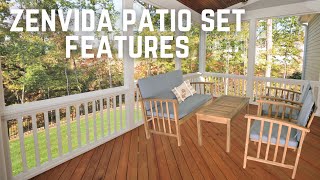 Zenvida 4 Piece Patio Conversation Set Solid Wood Loveseat, 2 Chairs, Table, Cushions