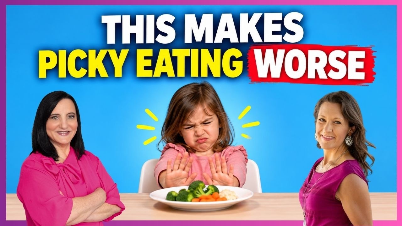 Dysregulated Kids podcast episode about mistakes that make picky eating worse, featuring Dr. Roseann, Katie Kimball, and a child refusing vegetables