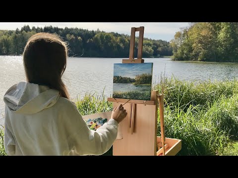 Plein Air Oil Painting "Ellertshäuser See" Landscape forest trees near the lake on canvas, tutorial