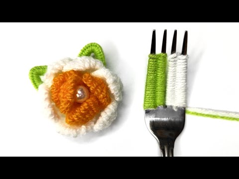 Woolen Rose Making Ideas with Fork - DIY Woolen Flowers - Hand Embroidery Amazing Trick