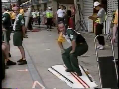 1993 F1 Brazilian GP - Team Lotus using a surf board to lift car during pitstop instead of jacks