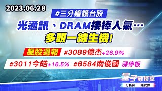 【量子戰情室】#陳武傑 0628 #三分鐘護台股 光通訊、DRAM接棒人氣…多頭一線生機!!飆股週報#3089億杰+28.9%#3011今皓+16.5%#6584南俊國 漲停板 (圖)
