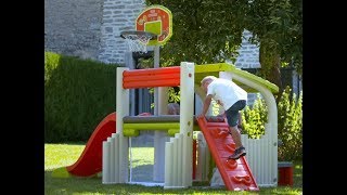 Dugiafunkcė žaidimų aikštelė vaikams | 150 cm čiuožykla, krepšinio stovas, futbolo vartai, laipiojimo siena ir stalas su suoliukias | Smoby
