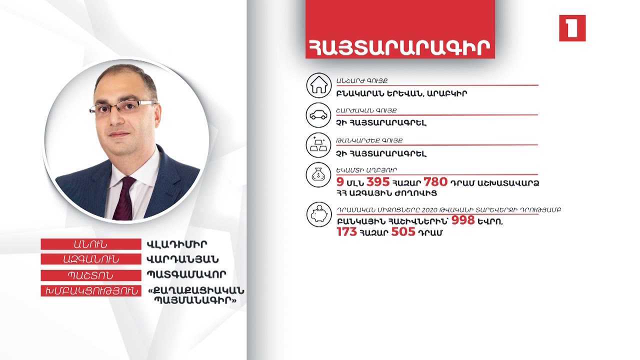 Բնակարան, 1500 դոլար, 1400 եվրո. Վլադիմիր Վարդանյանի հայտարարագիրը