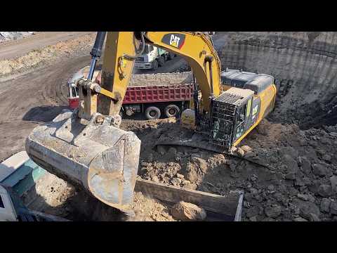 Caterpillar 352F Excavator Loading Overburden On Mercedes & MAN 4 Axle Trucks - Ascon Ltd