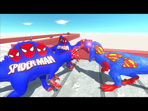 SUPERMAN T-REX VS 2X SPIDERMAN SPINOSAURUS DEATH RUN - Animal Revolt Battle Simulator