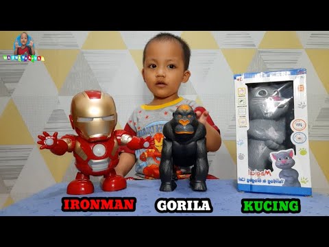 Unboxing mainan ironman,gorila dan kucing!!kucing nya bisa bernyanyi dan bercerita