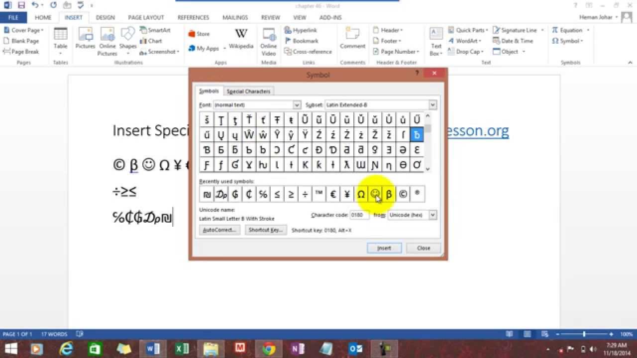 Insert special Characters in MS Word