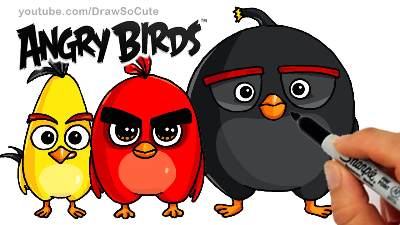 How to Draw ANGRY BIRDS Movie - Red, Chuck and Bomb Bird step by step Cute and Easy