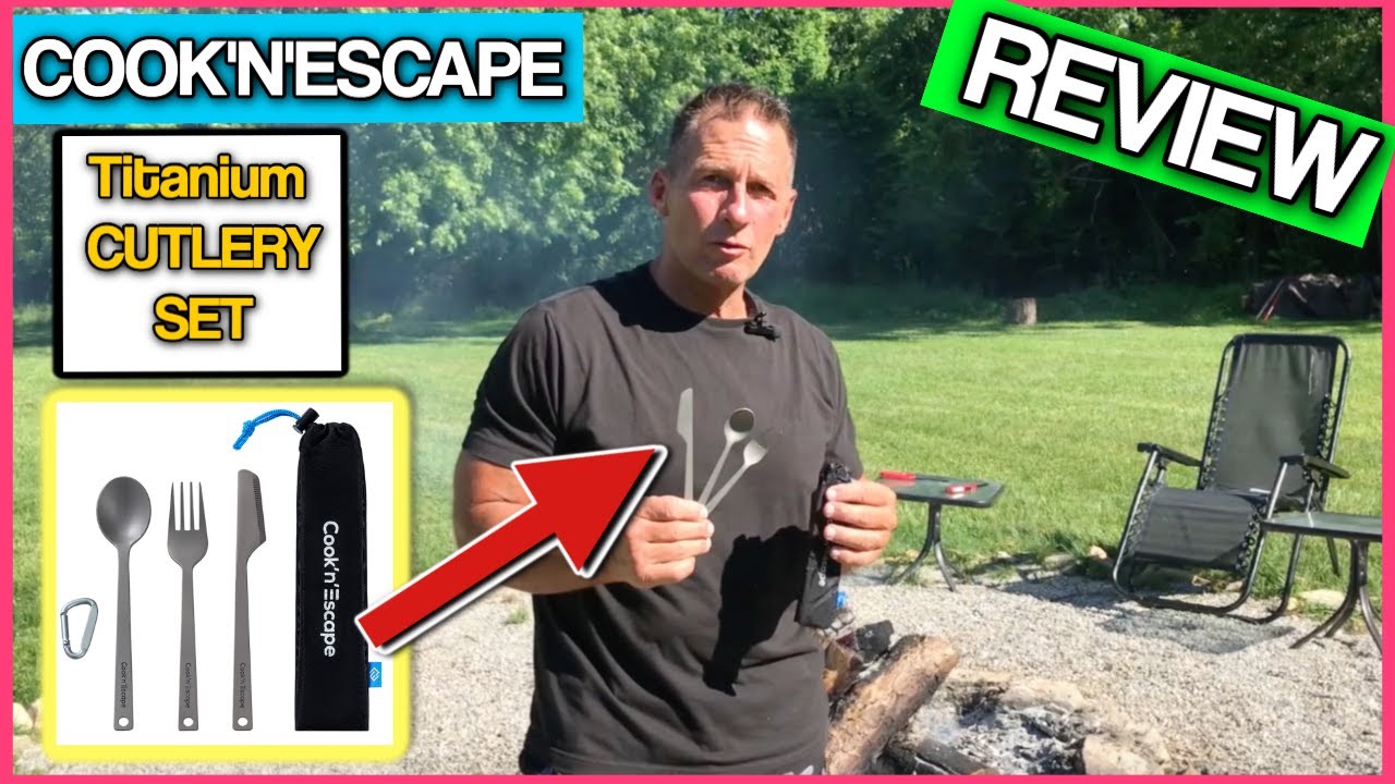 COOK'N'ESCAPE Titanium Camping Cutlery Set, 3 Pieces Flatware Sets Knife Fork Spoon, Lightweight