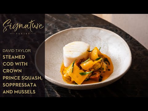 David Taylor's Steamed cod with crown prince squash, soppressata and mussels