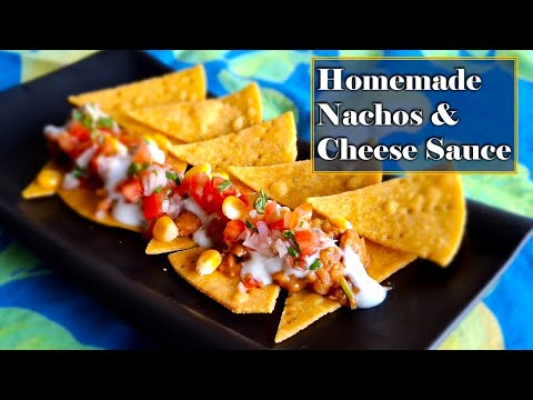 Homemade Nachos Cheese Sauce Recipe with salsa and refried beans