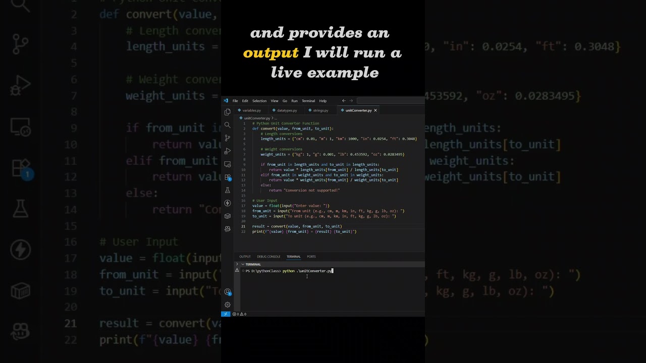 Python Tutorial - Unit Converter  #programming #pythontutorialforbeginner #coding