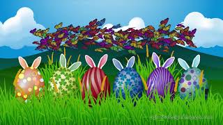 Happy Easter Holiday Greeting Animation Grassland Landscape With Colored Eggs, Bunny Ears, And Butterflies