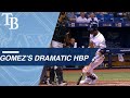 Carlos Gomez dramatically and jokingly falls to the ground after hit by pitch