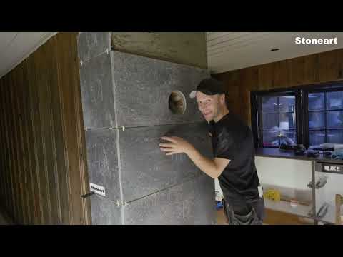 Eventyrlig Oppussing Femundsundet - Ny brannmur og peisplate i Mørk Oppdal skifer