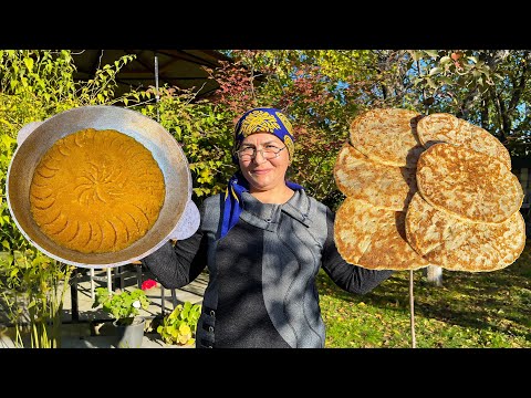 Rural Village Cooking AZERBAIJAN BREAD and FLOUR HALVA | Outdoor Cooking in Village Life