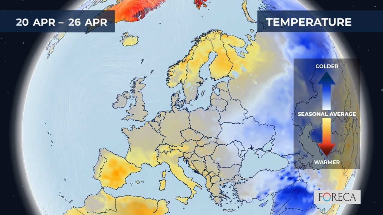 Monthly temperature forecast for Europe 14/4/2026